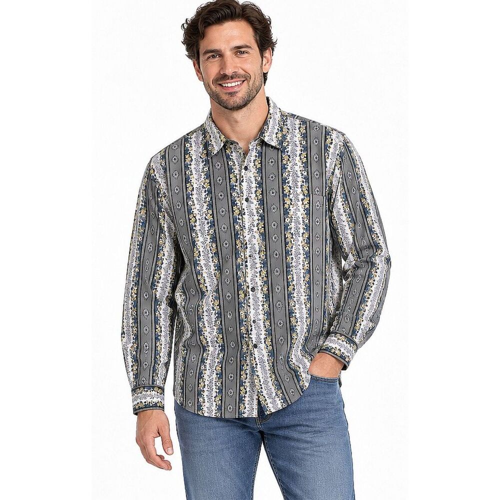 OP Ocean Pacific XL Gray White Retro Cotton Blend Long Sleeve Men's Shirt